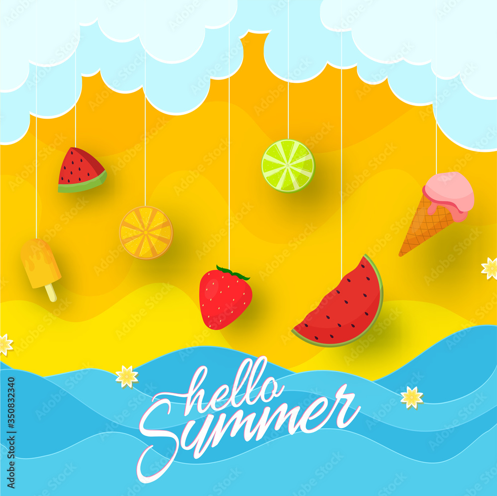 Hello Summer Font with Hanging Fruits and Ice Creams on Paper Cut Clouds and Waves Background.