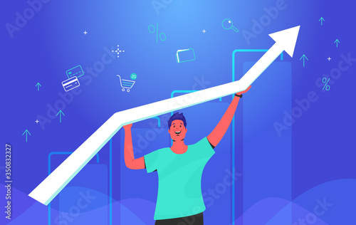 Happy man holding white arrow which growing up. Concept gradient vector illustration of a guy taking growing graph with financial ans investing symbols of credit cards, shop cart, business folder