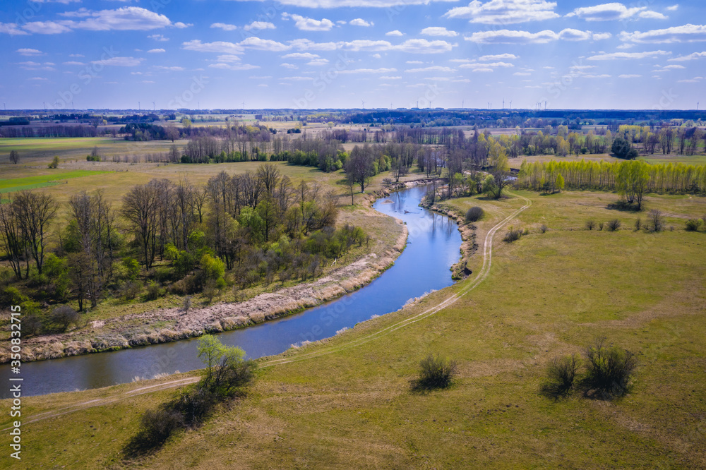 Drone view of River Liwiec also called Liw near Lochow town, Mazowsze region of Poland