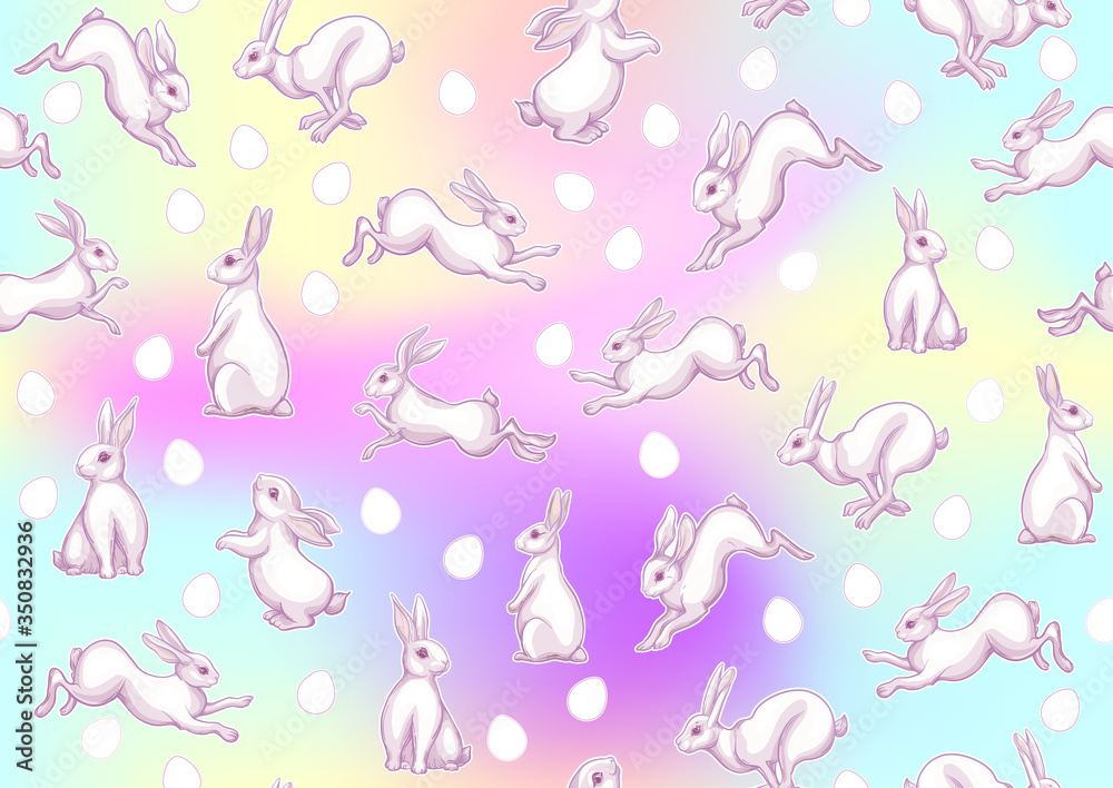Seamless pattern with a white hares, colored eggs for easter. Colored vector illustration. In light ultra violet pastel colors on mesh pink, blue background. Seamless pattern with a white hares, colored eggs for easter. Colored vector illustration. In light ultra violet pastel colors on mesh pink, blue background.