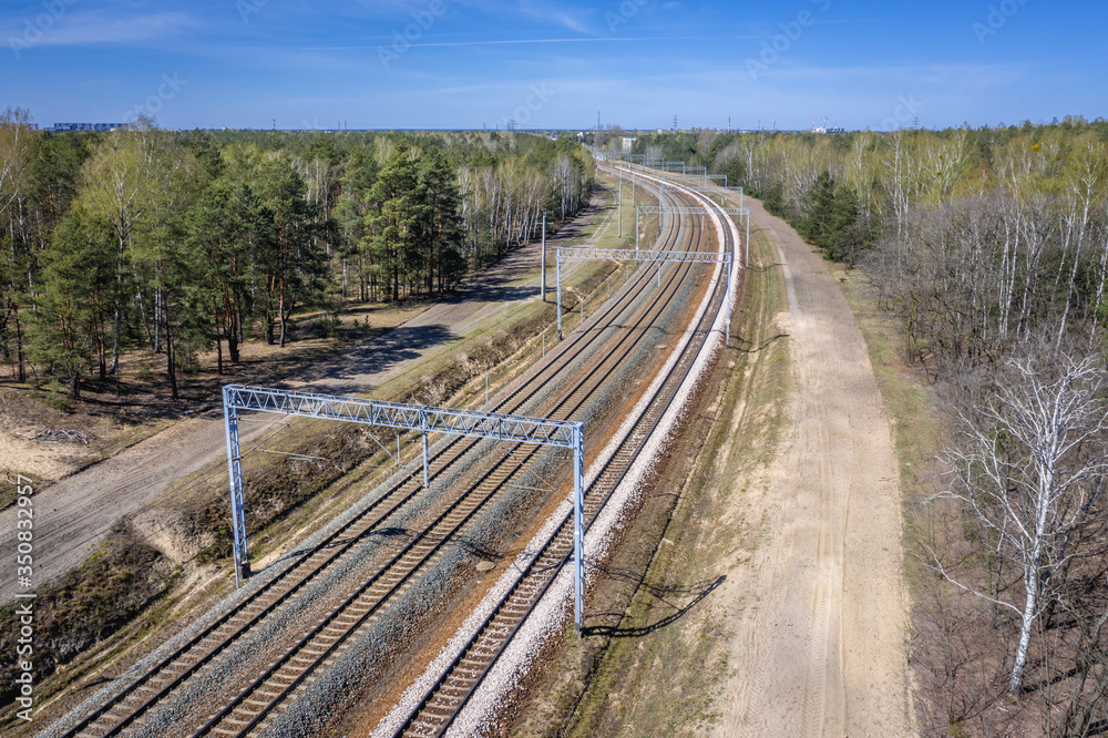 Drone view of railroad tracks in Legionowo town near Warsaw, Poland Drone view of railroad tracks in Legionowo town near Warsaw, Poland