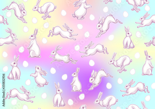Seamless pattern with a white hares, colored eggs for easter. Colored vector illustration. In light ultra violet pastel colors on mesh pink, blue background.