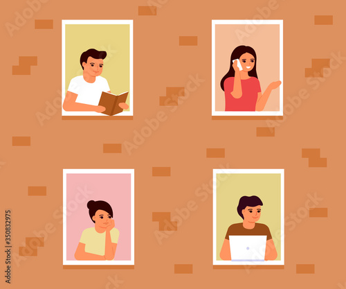 Stay home concept. People neighbors in windows frames, look out window of apartment, home. Communication, reading, work, leisure of men, women. Self isolation, quarantine during virus. Vector