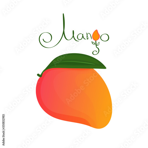 Vector illustration with one fruity mango and hand drown text in cartoon style. Lettering for Bright juicy mango icon isolated on a white background. For label and logo simple design.