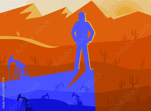 A man in search of oil in the desert - in his shadow the death of all living and environmental disaster