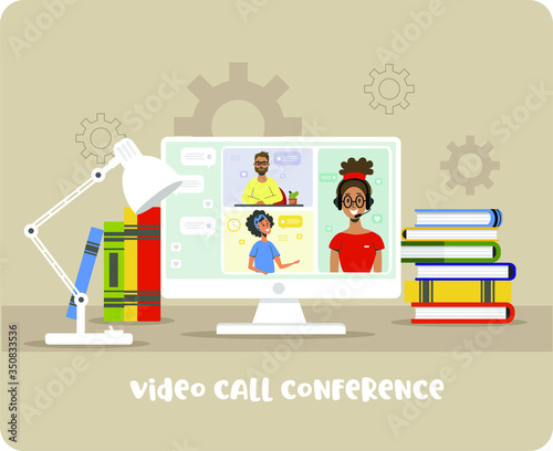 Videoconferencing. Workplace. Computer with a group of people doing video chat. .