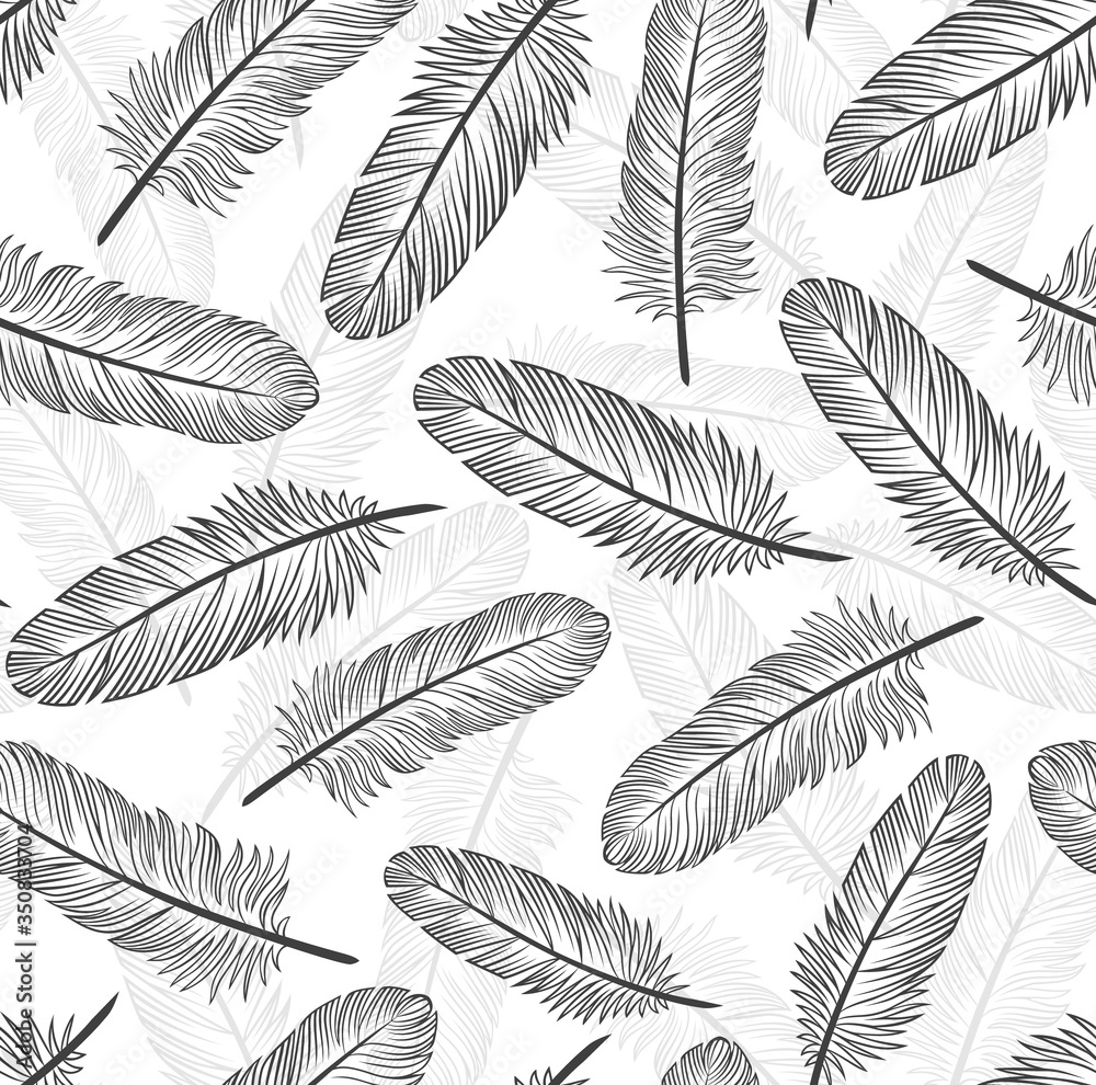 Pattern with black feathers on a white background. Suitable for curtains, wallpaper, fabrics, wrapping paper.