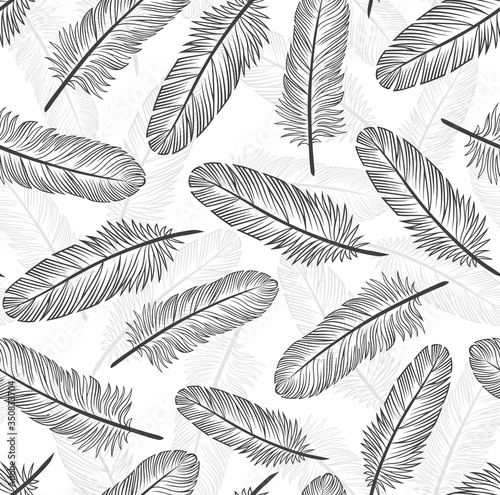 Pattern with black feathers on a white background. Suitable for curtains, wallpaper, fabrics, wrapping paper.