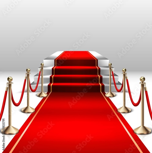 3d realistic vector stage with red carpet and gold barrier.