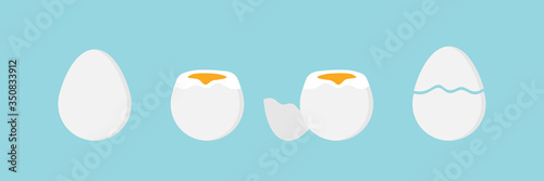 Set, collection of vector cartoon style eggs, whole, cracked, soft-boiled for breakfast design.