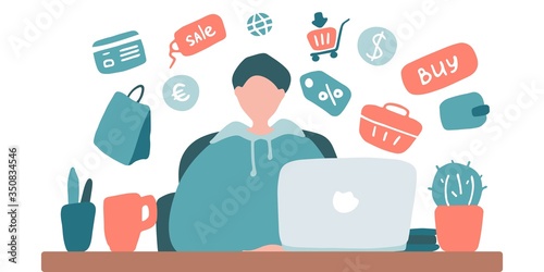 Man work and shopping online for the period of quarantine. Person can not leave home and order food and goods in online store