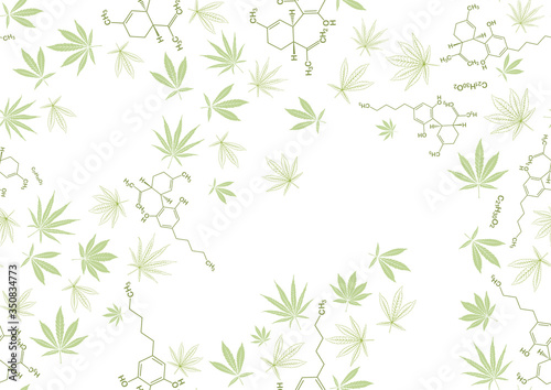 Cannabis leaves and cbd, cannabidiol formula seamless pattern, background. Vector illustration in green colors. Isolated on white background.