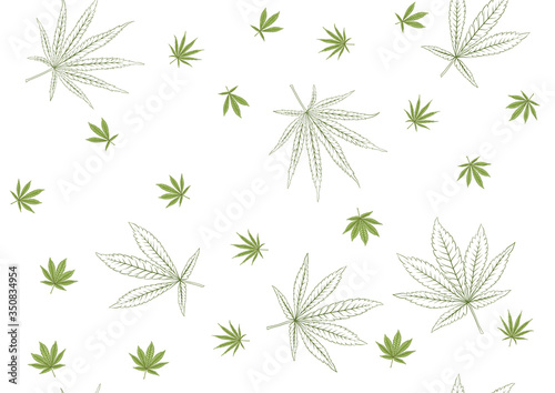 Cannabis leaves seamless pattern, background. Vector illustration in green colors Isolated on white background.