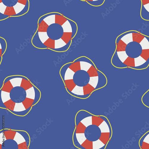 Seamless pattern with lifebuoys. Vector illustration on a blue background.