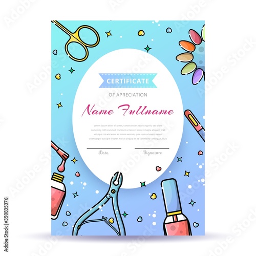 Certificate of manicure in a nail salon. Education and courses at school. Vector template with manicure tools in linear style.
