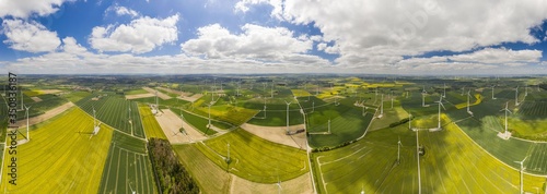 Panoramic aerial view over giant wind power field in Germany during daytime © Aquarius