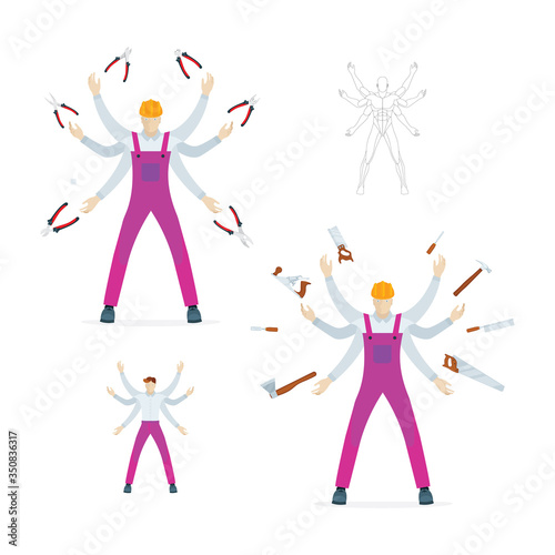 Concept of multitasking. Builder, carpenter and electrician characters vector illustration. Male with six hands with different tools. Part of set. 