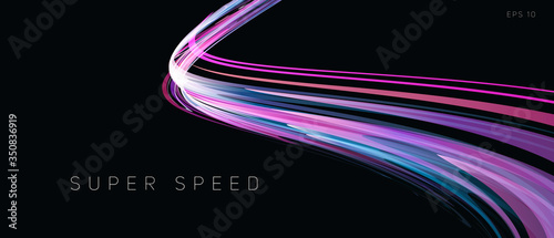 Speed track lights, neon glowing lines abstract composition, gradient purple curve in dark 3d space, wallpaper cover