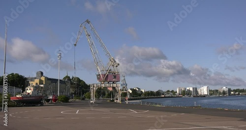 4K Baltic Sea Finnish Bay lagoon summer morning harbour video, Kotka port and town over calm water channel in Finland, northern Europe photo