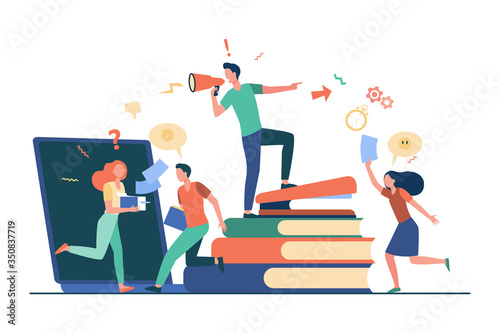 Office chaos vector illustration. Angry boss shouting at megaphone, busy employees running in hurry and panic. Can be used for lack of time, deadline, stress at work concepts