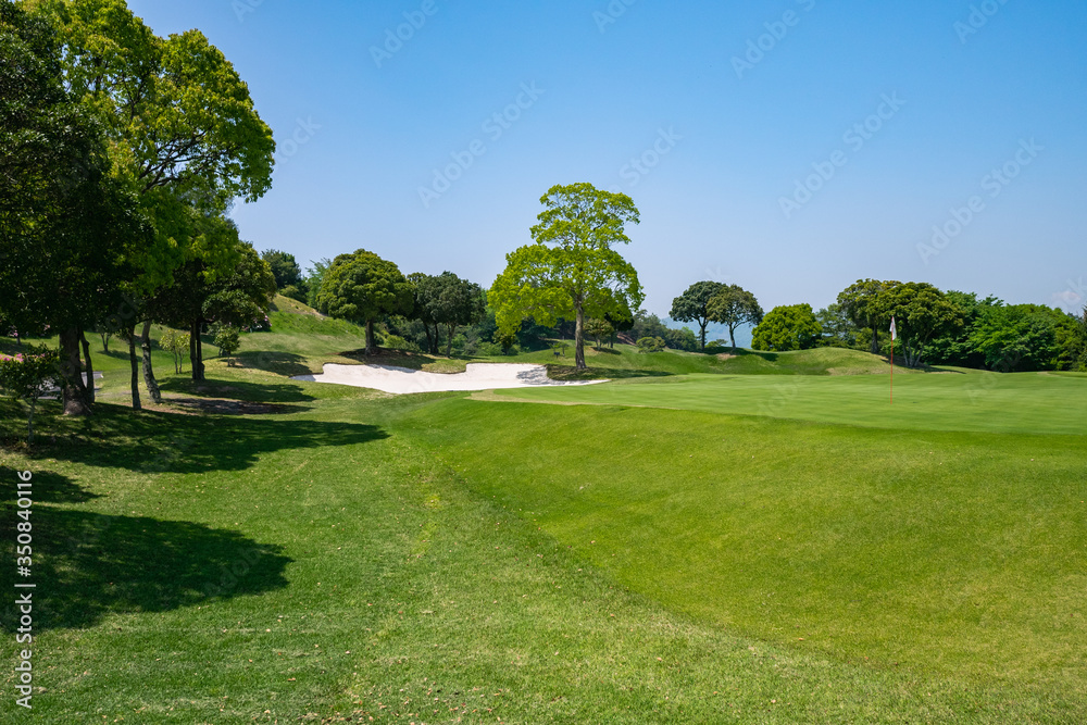 Fototapeta premium View of Golf Course with beautiful putting green. Golf course with a rich green turf beautiful scenery.