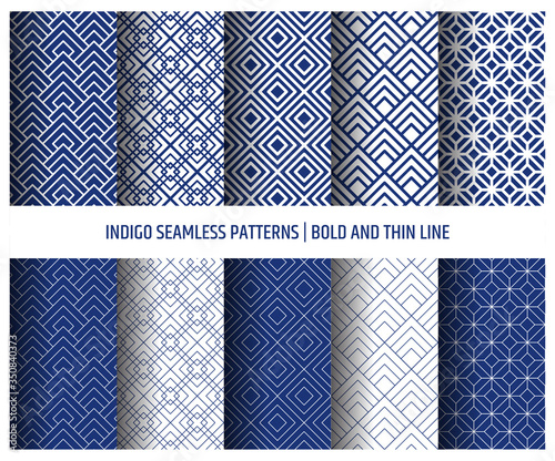 Indigo seamless patterns, bold and thin line. Japanese sashiko inspired blue and white background decoration.
 photo