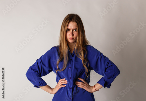 Bilde på lerret Anger. Angry young woman in blue.