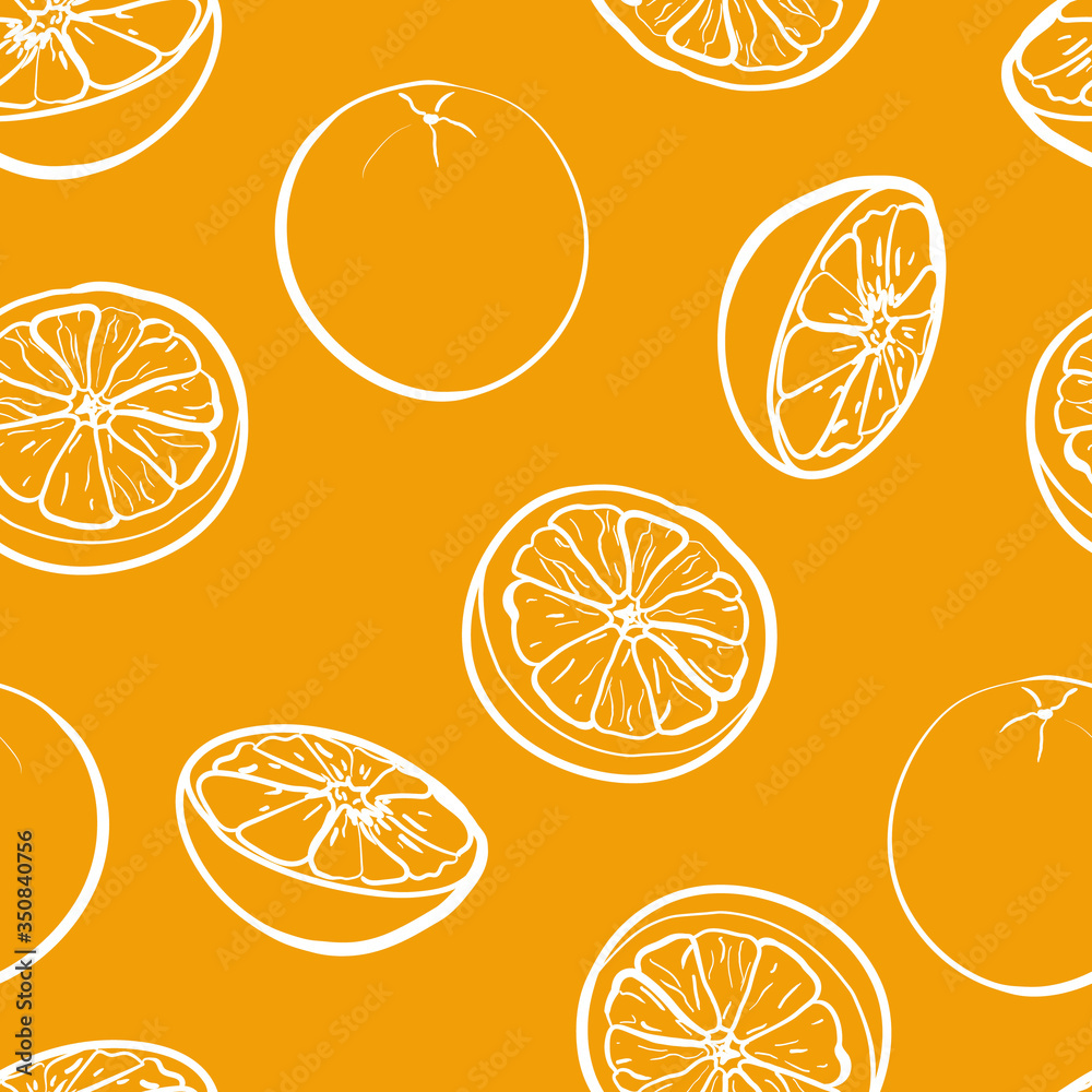 Seamless pattern with white outline oranges fruit citrus on orange color  background. For wrapping paper, kitchen design. Vector stock illustration.  Stock Vector | Adobe Stock