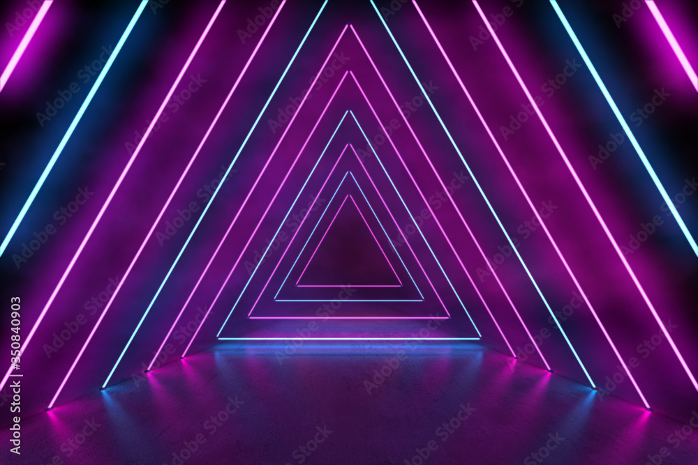 Ultraviolet 3D neon light background with triangle tunnel in concrete floor and cement wall, 3d rendering of holographic technology for virtual reality pink cyan spectrum laser show