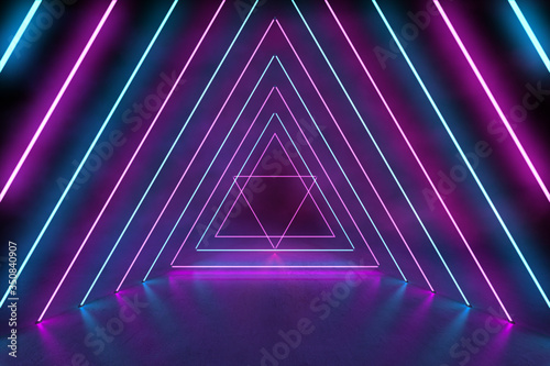 Ultraviolet 3D neon light background with triangle tunnel in concrete floor and cement wall, 3d rendering of holographic technology for virtual reality pink cyan spectrum laser show © redtiger9