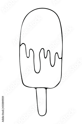 Isolated ice cream with stick and syrop on white background.  Vector hand drawn illustration in doodle style. Black and white. Can use for menu, greeting card, websites, product design.