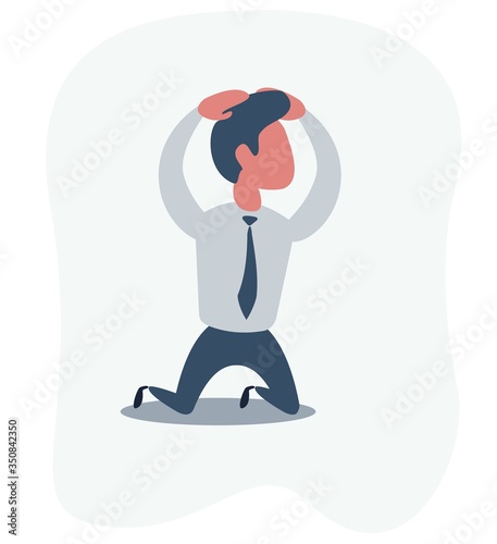 Sad unhappy businessman office worker manager standing on his knees and prey. Vector flat cartoon illustration