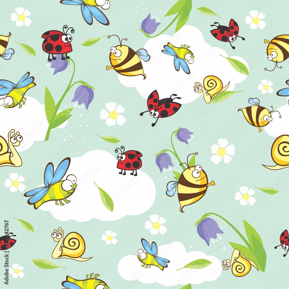 Vector spring funny cartoon insects seamless pattern Vector spring funny cartoon insects seamless pattern