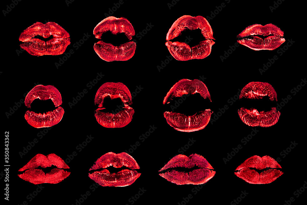 Red lipstick kiss print set black background isolated close up, neon light  sexy lips mark makeup collection, pink female kisses imprint, beauty make  up wallpaper, fashion banner, love & passion symbol Stock