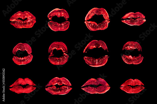 Red Lipstick Kiss Print Set Black Background Isolated Close Up Neon Light Sexy Lips Mark Makeup Collection Pink Female Kisses Imprint Beauty Make Up Wallpaper Fashion Banner Love Passion Symbol Stock