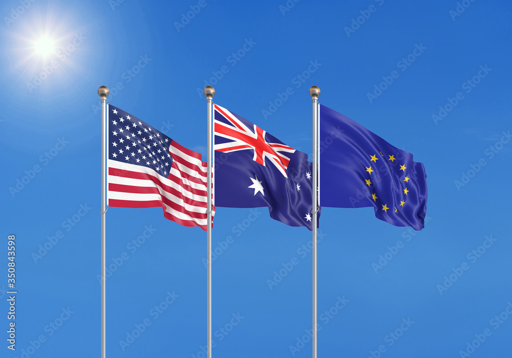 Three realistic flags of European Union, USA (United States of America) and Australia. 3d illustration.