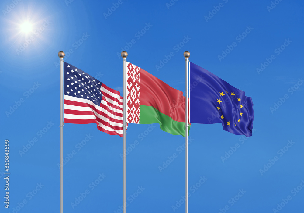 Three realistic flags of European Union, USA (United States of America) and Belarus. 3d illustration.
