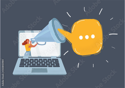 Woman with loudspeaker and speechbubble on dark background.