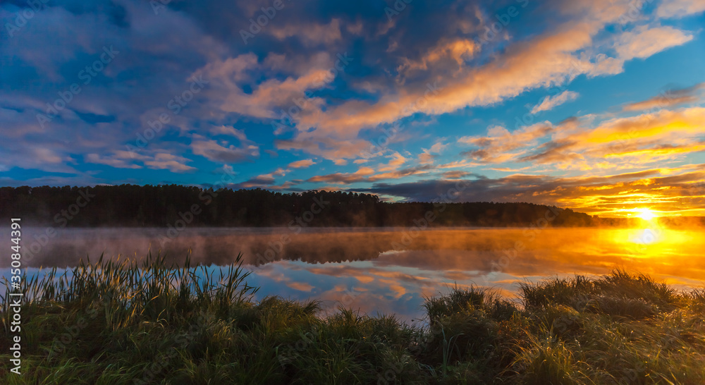 Summer dawn on a pond with fog