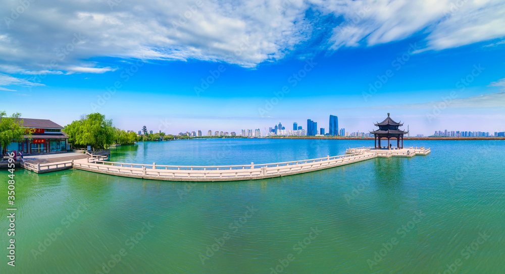 Aerial view of Lake Pavilion, Jinji Lake, Suzhou City, Jiangsu Province Aerial view of Lake Pavilion, Jinji Lake, Suzhou City, Jiangsu Province