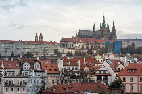 Panorama of the Old Town of Prague, Czech Republic, with a focus on Hradcany hill and the Prague Castle with the St Vitus Cathedral (Prazsky hill) seen from the Vltava river. 