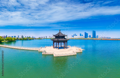 Aerial view of Lake Pavilion, Jinji Lake, Suzhou City, Jiangsu Province