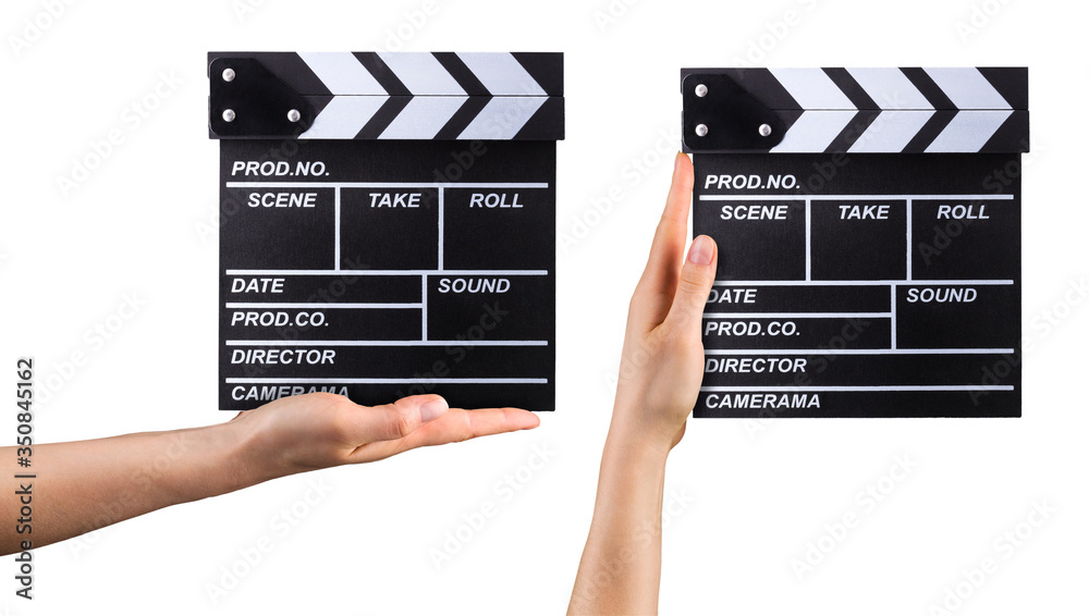Set of film clapper boards and human hands isolated on white background