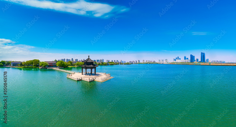 Aerial view of Lake Pavilion, Jinji Lake, Suzhou City, Jiangsu Province