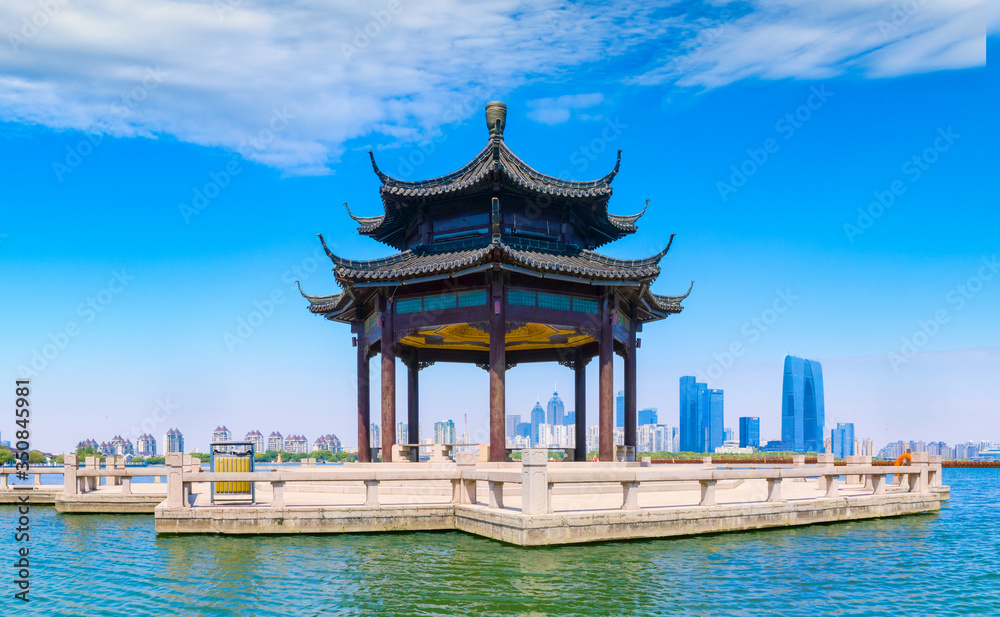 Aerial view of Lake Pavilion, Jinji Lake, Suzhou City, Jiangsu Province
