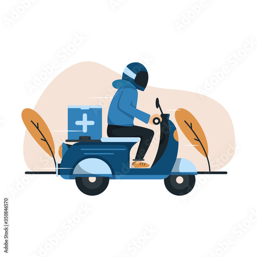 Pharmacy delivery by motorcycle. Delivery your medicine. Order drugs online. Flat illustration.