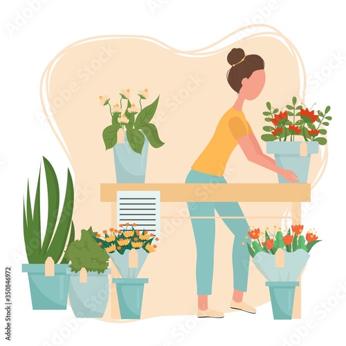 Florist service, flower shop concept, web banner, template stock vector illustration. Woman florists with bouquet. Bright harmonic colours, modern composition in flat style