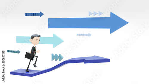 Businessman 3D character goes to success. Concept of financial growth. Dashboard with the analysis of finance. 3d rendering on a white background.