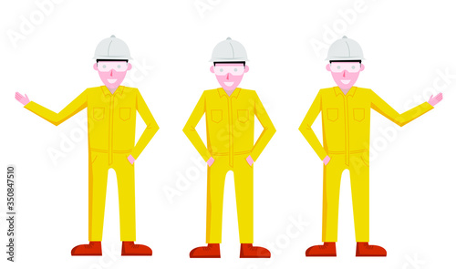 Male character, engineer working in oil and gas, petrochemical or refinery wearing yellow coverall, safety hat, safety boot and goggle or safety glass