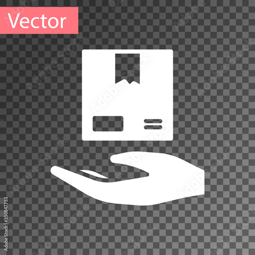 White Delivery hand with cardboard boxes icon isolated on transparent background. Door to door delivery by courier. Vector
